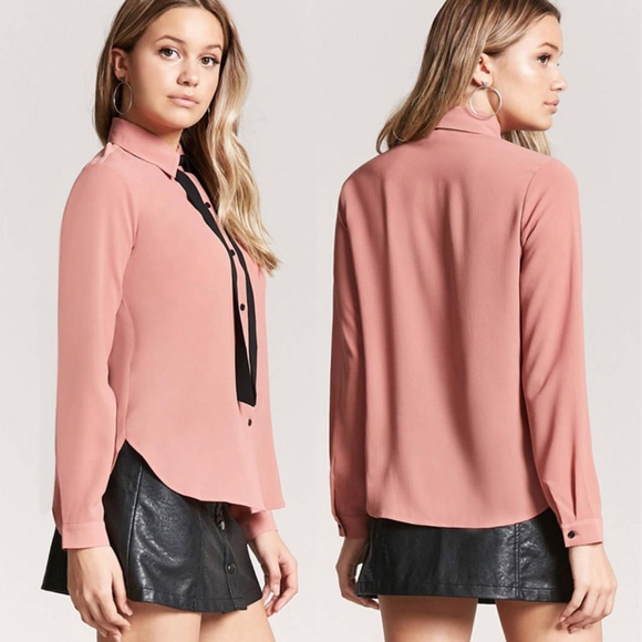 Mauve Pink Bow Tie Button Shirt Chiffon Blouse Top - Picture 3 of 8